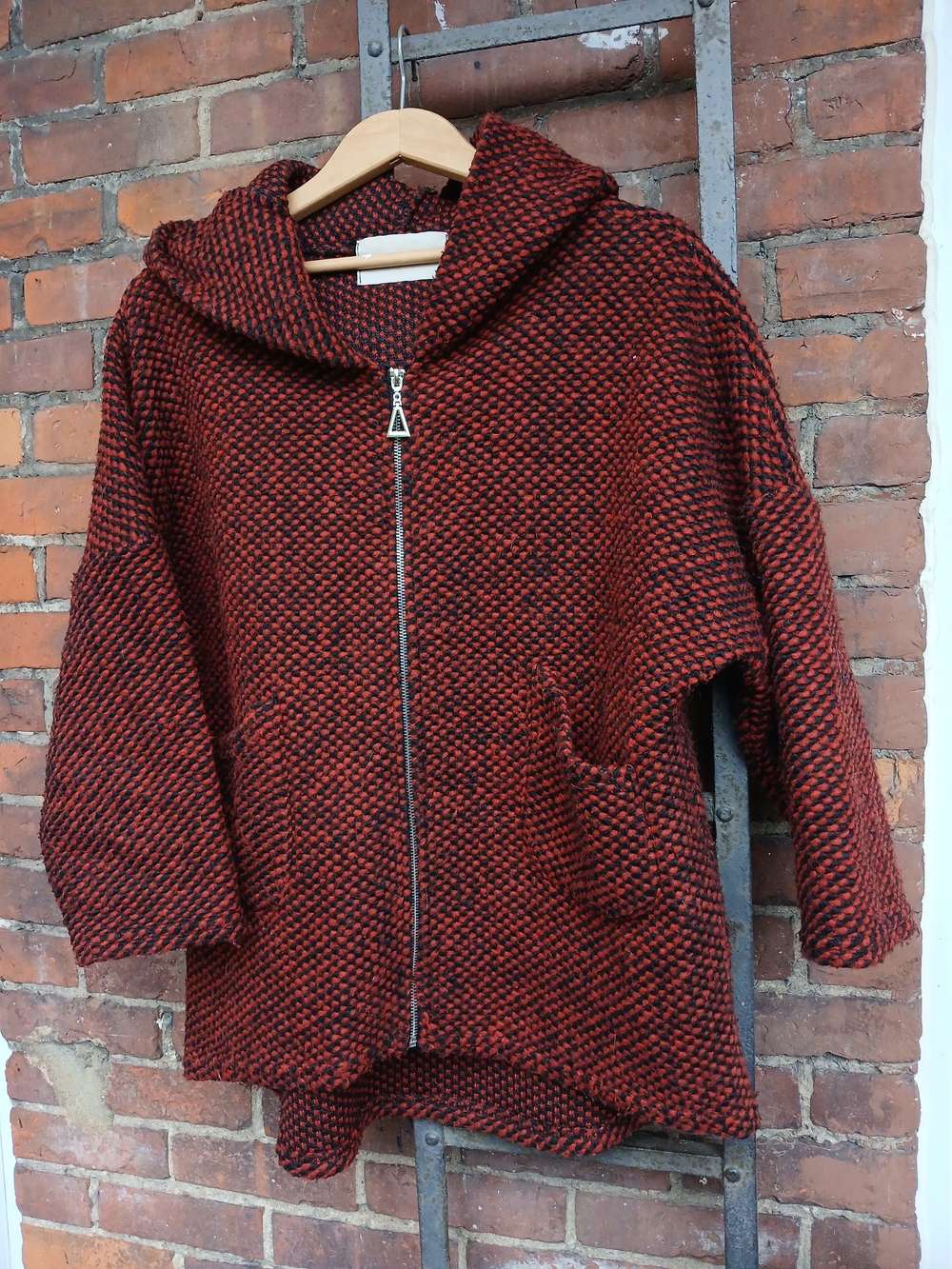 Cozy Hooded Zip Cardigan in Red and Black